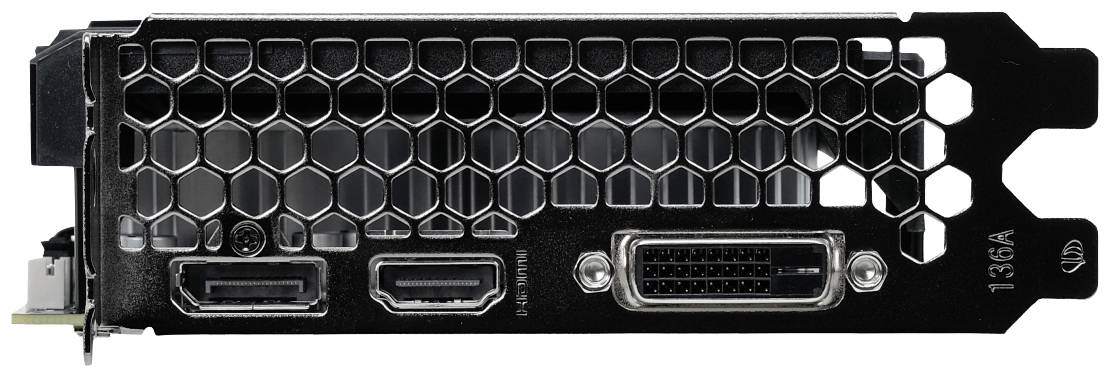 Eine Grafikkartenrückseite mit HDMI-, DisplayPort- und DVI-Anschlüssen. Ventilationsgitter zur Kühlung sichtbar.