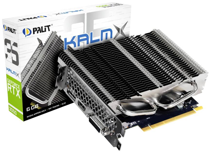 Eine Palit GeForce RTX Grafikkarte mit passivem Kühler im Vordergrund, daneben die Kartonverpackung.