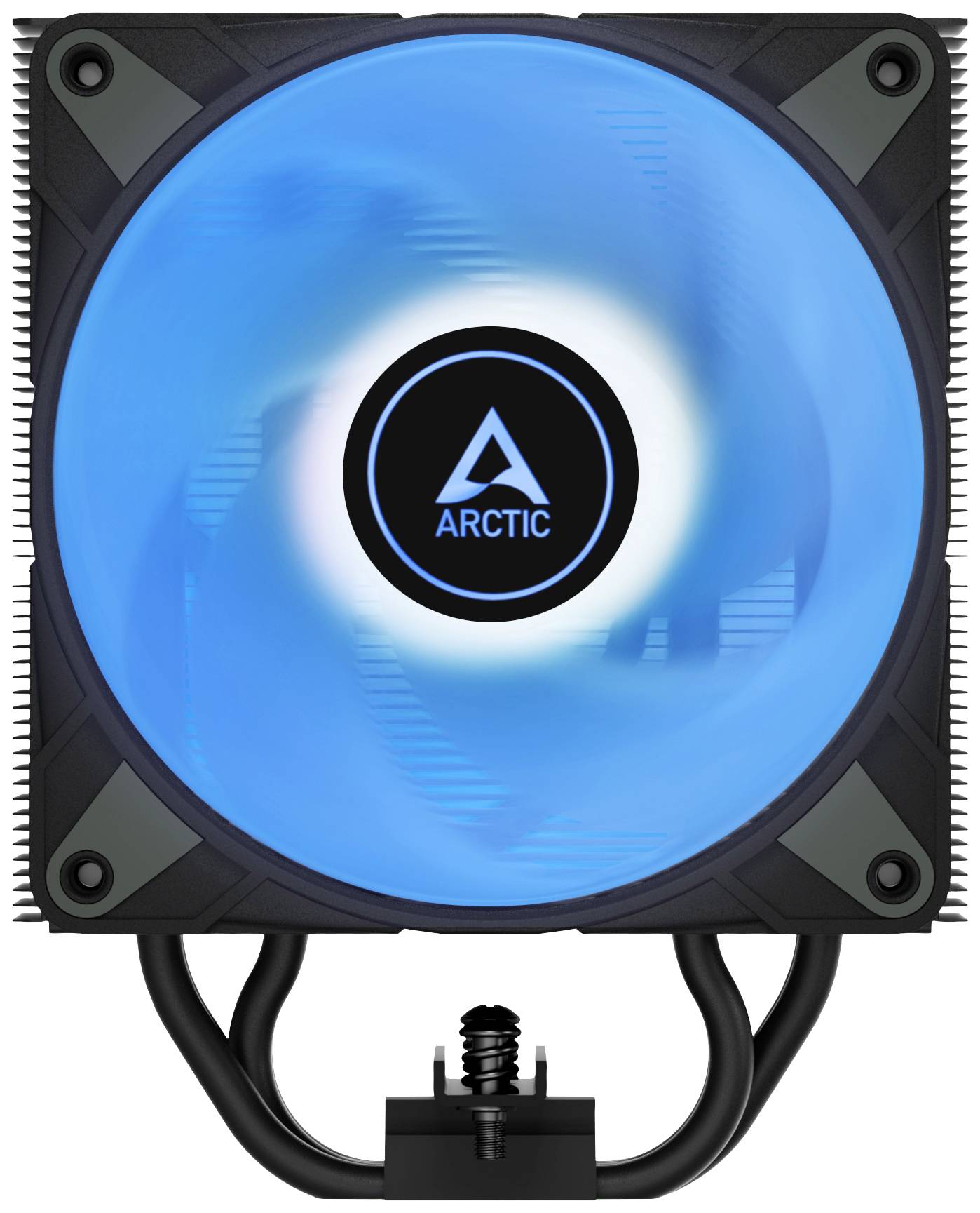 Ein blauer PC-Lüfter der Marke ARCTIC mit zentralem Firmenlogo. Geeignet zur Kühlung von Computergehäusen.