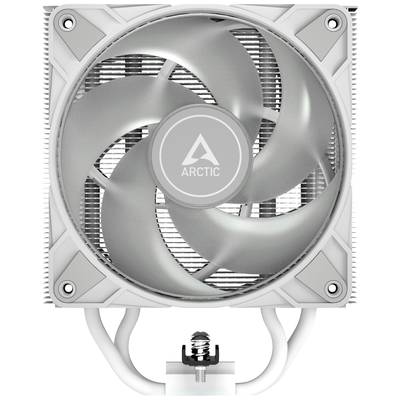 Ein weißer PC-Lüfter mit dem Logo 'Arctic' in der Mitte. Der Lüfter hat vier Blätter und ist in einem quadratischen Gehäuse montiert.