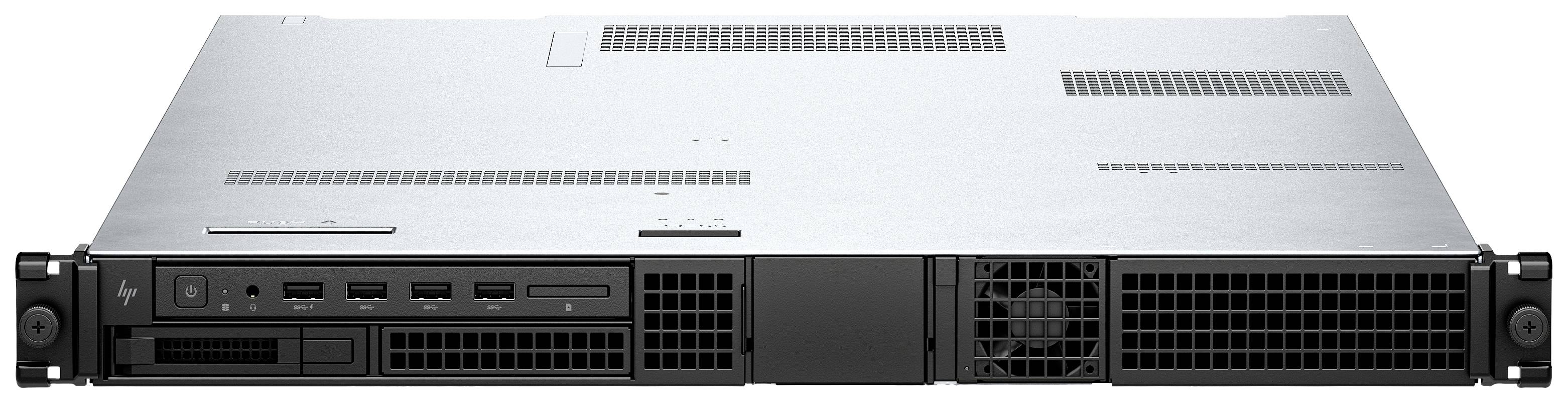 Servergerät in einem Rackgehäuse, frontalansicht. Sichtbar sind Lüftungsschlitze, Anschlüsse und Tasten auf der Vorderseite.