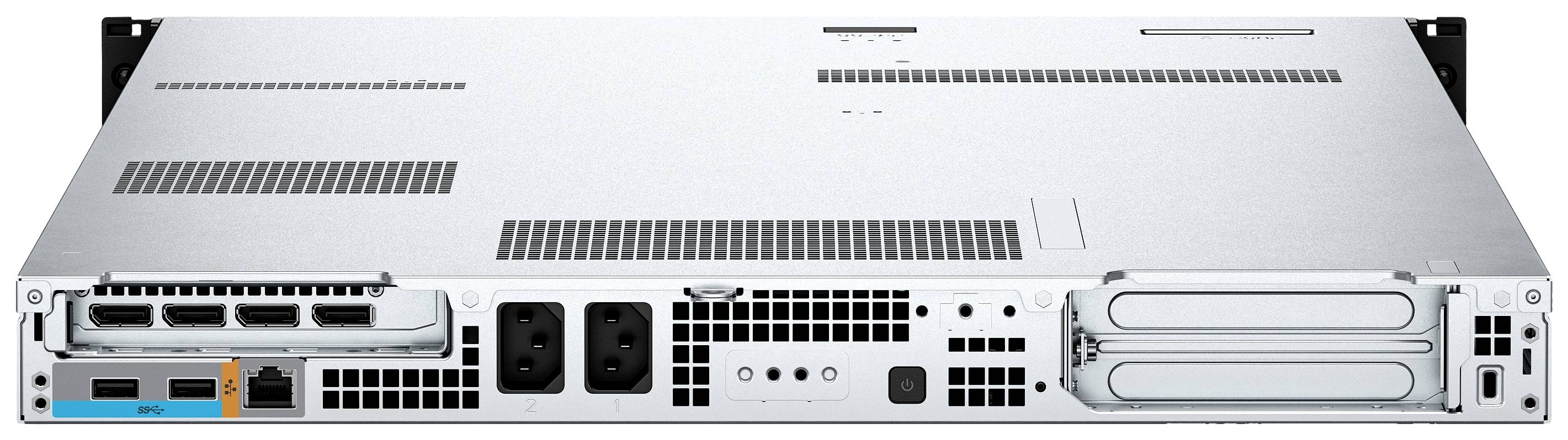 Rückansicht eines Servers mit mehreren Netzwerkanschlüssen, Lüftungsschlitzen und Stromanschlüssen, geeignet für IT-Infrastruktur.