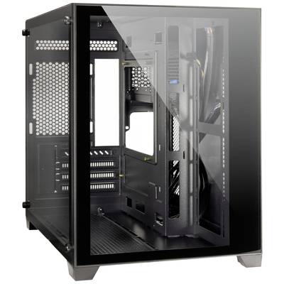 Geräumiges, leeres Computergehäuse mit Glasfront und Seitenpanel, bietet vielseitige Montagemöglichkeiten für PC-Komponenten.