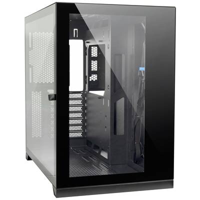Ein leerer schwarzer PC-Tower mit Glasfront und Gitterseitenwänden, geeignet für den Einbau von Computerkomponenten.