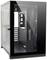 Ein leerer schwarzer PC-Tower mit Glasfront und Gitterseitenwänden, geeignet für den Einbau von Computerkomponenten.