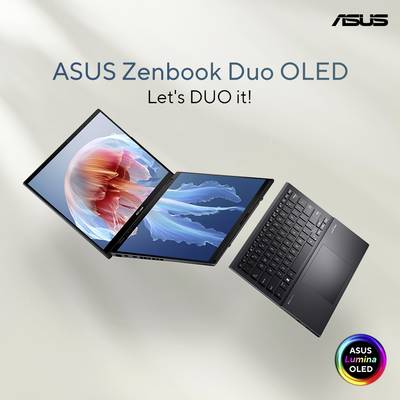 ASUS Zenbook Duo OLED-Laptop mit zwei Bildschirmen, geöffnet. Auf dem Hauptbildschirm leuchtende Qualle, daneben ASUS-Logo.