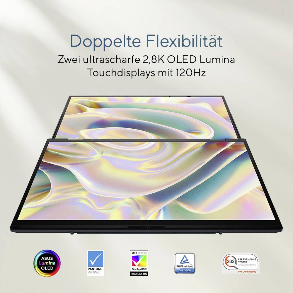 Tablets mit zwei 2,8K OLED Lumina-Touchdisplays, 120Hz, beworben mit 'Doppelte Flexibilität'. Hintergrund wellenförmig bunt.