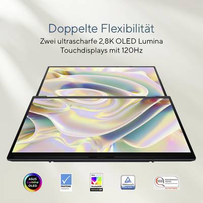 Tablets mit zwei 2,8K OLED Lumina-Touchdisplays, 120Hz, beworben mit 'Doppelte Flexibilität'. Hintergrund wellenförmig bunt.