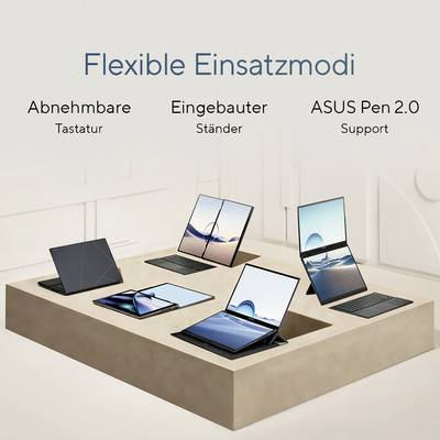Ein moderner Laptop mit drei Einsatzmodi wird gezeigt: abnehmbare Tastatur, eingebauter Ständer, ASUS Pen 2.0 Support.