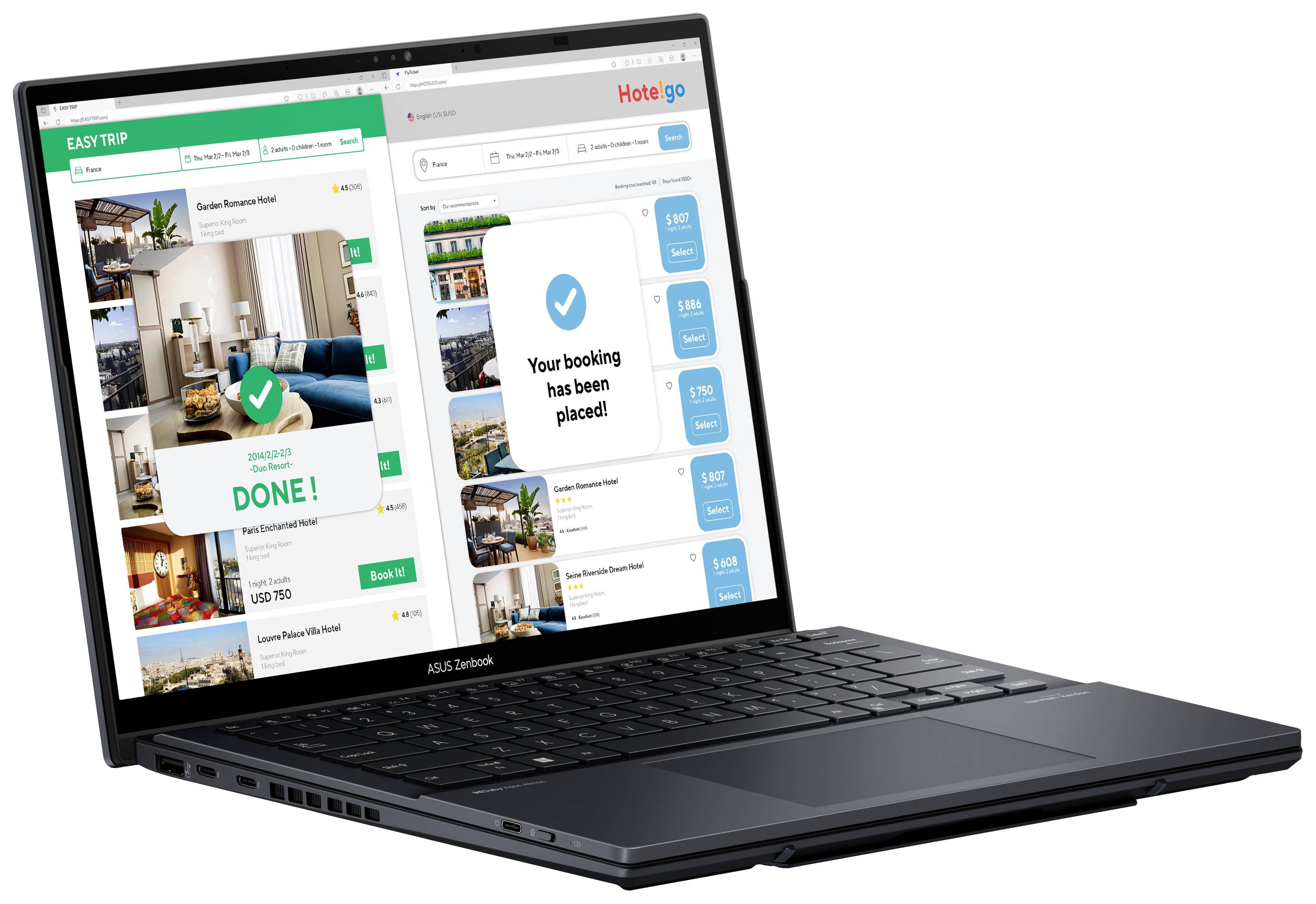 Ein Laptop zeigt zwei geöffnete Browser-Fenster. Links eine Reisebuchungsseite mit 'Deine Buchung wurde erledigt!' Rechts eine Hotelbuchungsseite mit 'Ihre Buchung wurde platziert!'.