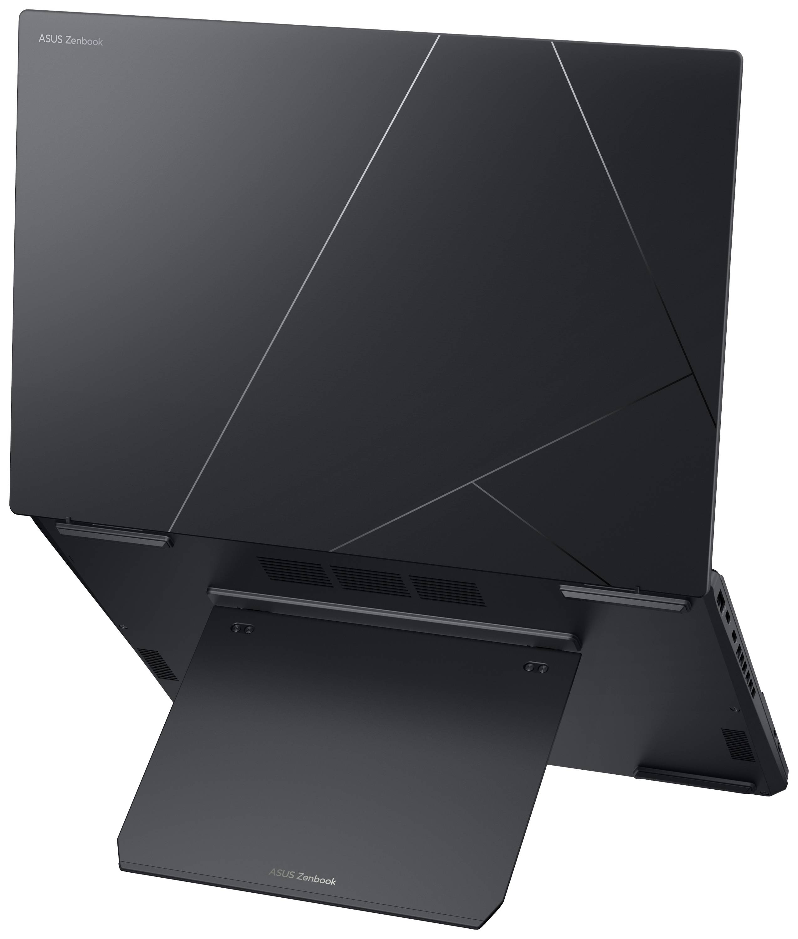 Ein schwarzer Laptop mit futuristischem Design, seitlich auf einem Ständer positioniert. Markierung 'ASUS Zenbook' sichtbar.