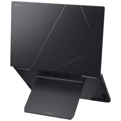 Ein schwarzer Laptop mit futuristischem Design, seitlich auf einem Ständer positioniert. Markierung 'ASUS Zenbook' sichtbar.