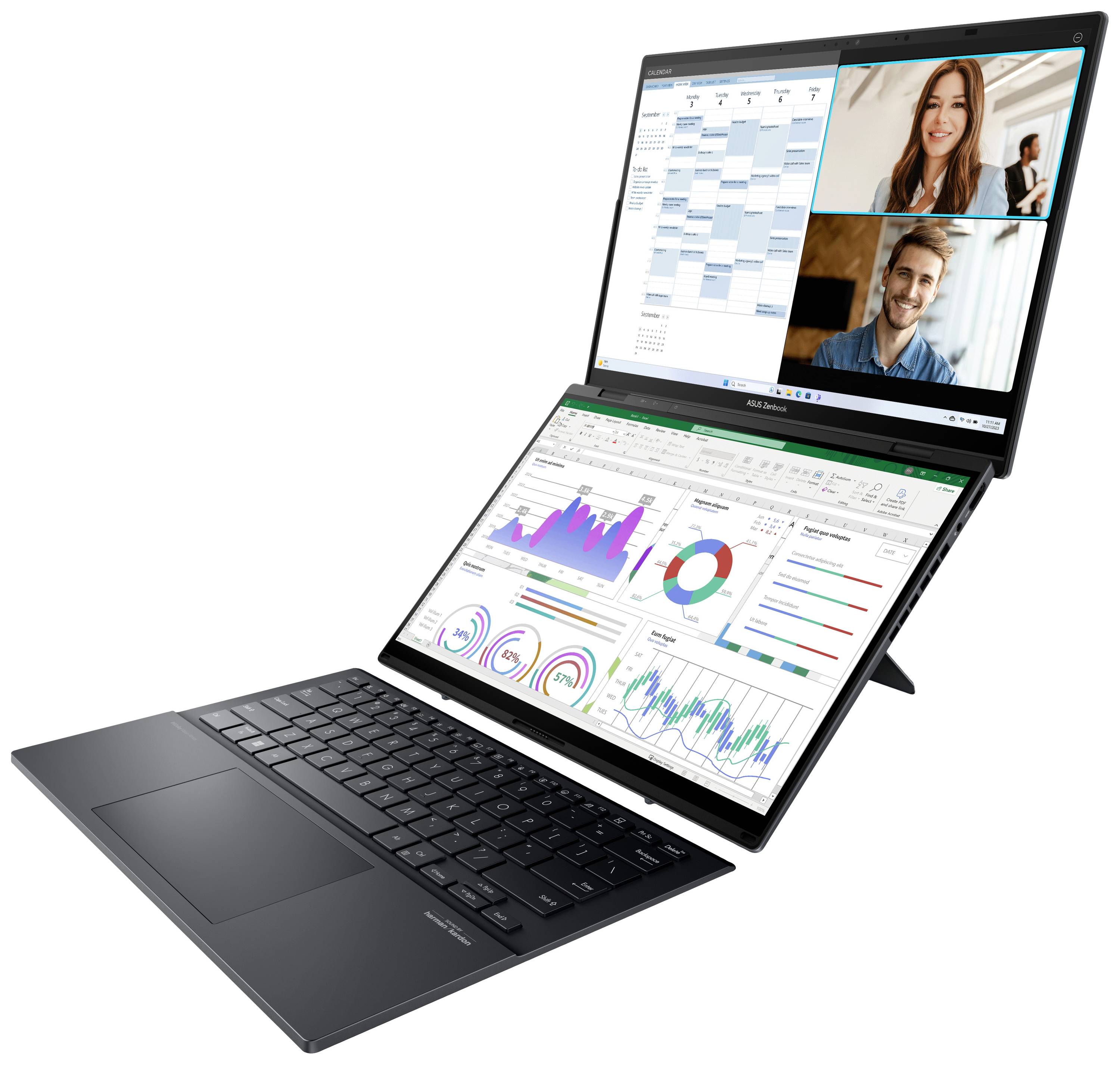 Laptop mit Doppelbildschirm: Oben Videokonferenz mit zwei Personen, unten Tabellenkalkulation mit Grafiken. Ideal für Multitasking.