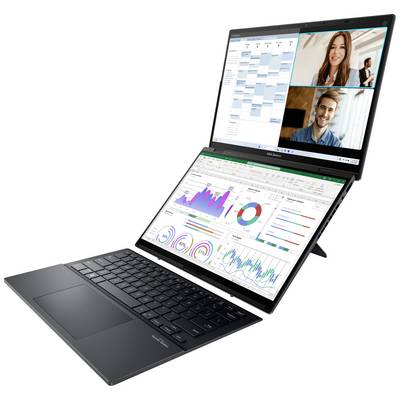 Laptop mit Doppelbildschirm: Oben Videokonferenz mit zwei Personen, unten Tabellenkalkulation mit Grafiken. Ideal für Multitasking.