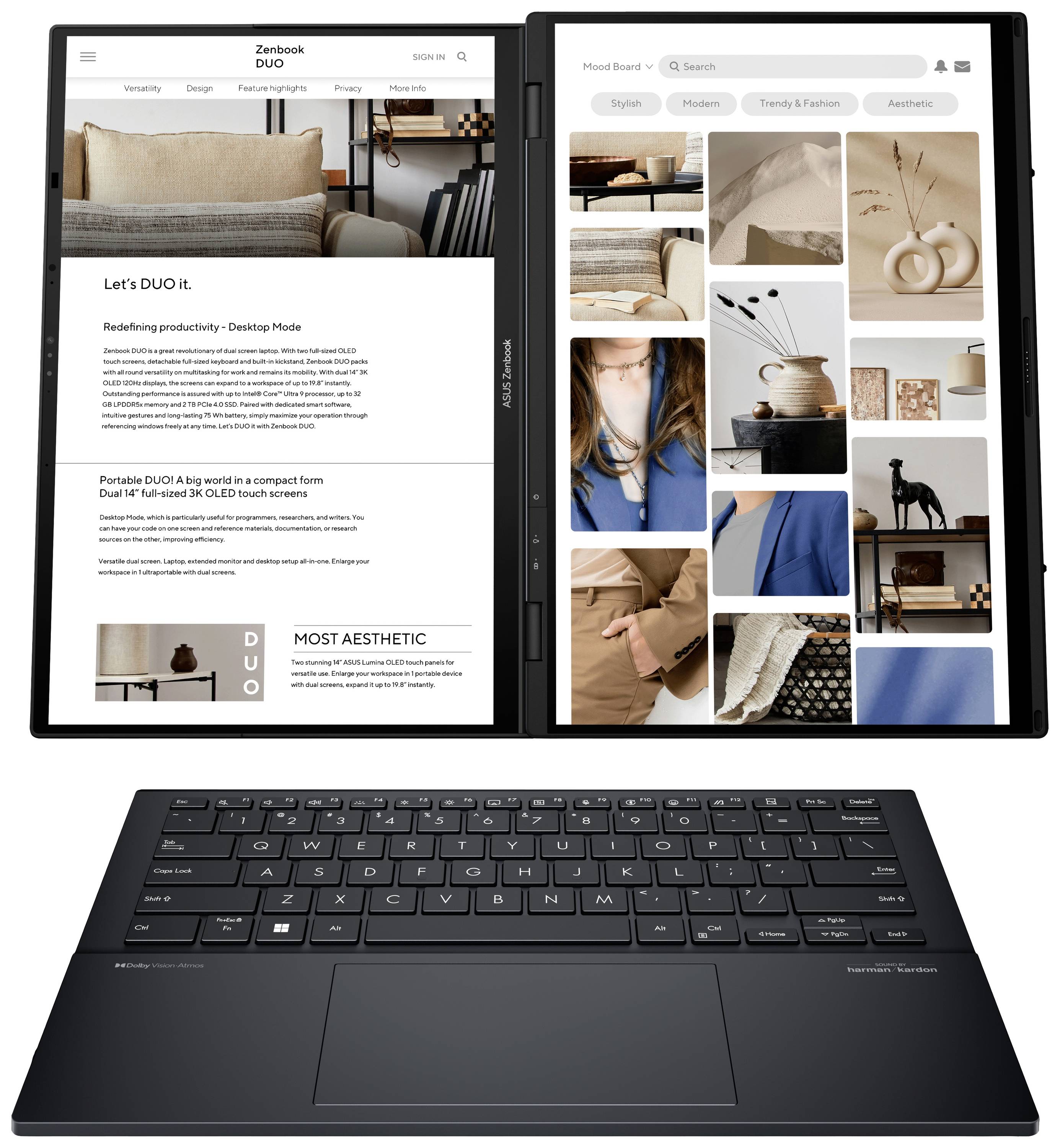 Ein Laptop mit zwei Bildschirmen, einer zeigt Text über Produktivität, der andere eine Sammlung von Mode- und Lifestyle-Bildern. Tastatur darunter.