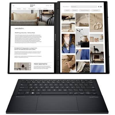 Ein Laptop mit zwei Bildschirmen, einer zeigt Text über Produktivität, der andere eine Sammlung von Mode- und Lifestyle-Bildern. Tastatur darunter.