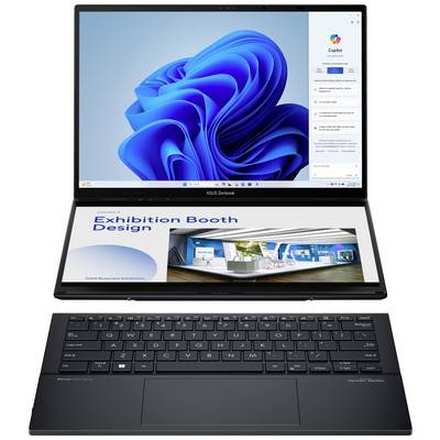 Ein Laptop mit zwei Bildschirmen zeigt oben eine 3D-Windows-Blumengrafik, unten eine Präsentation über 'Exhibition Booth Design'.