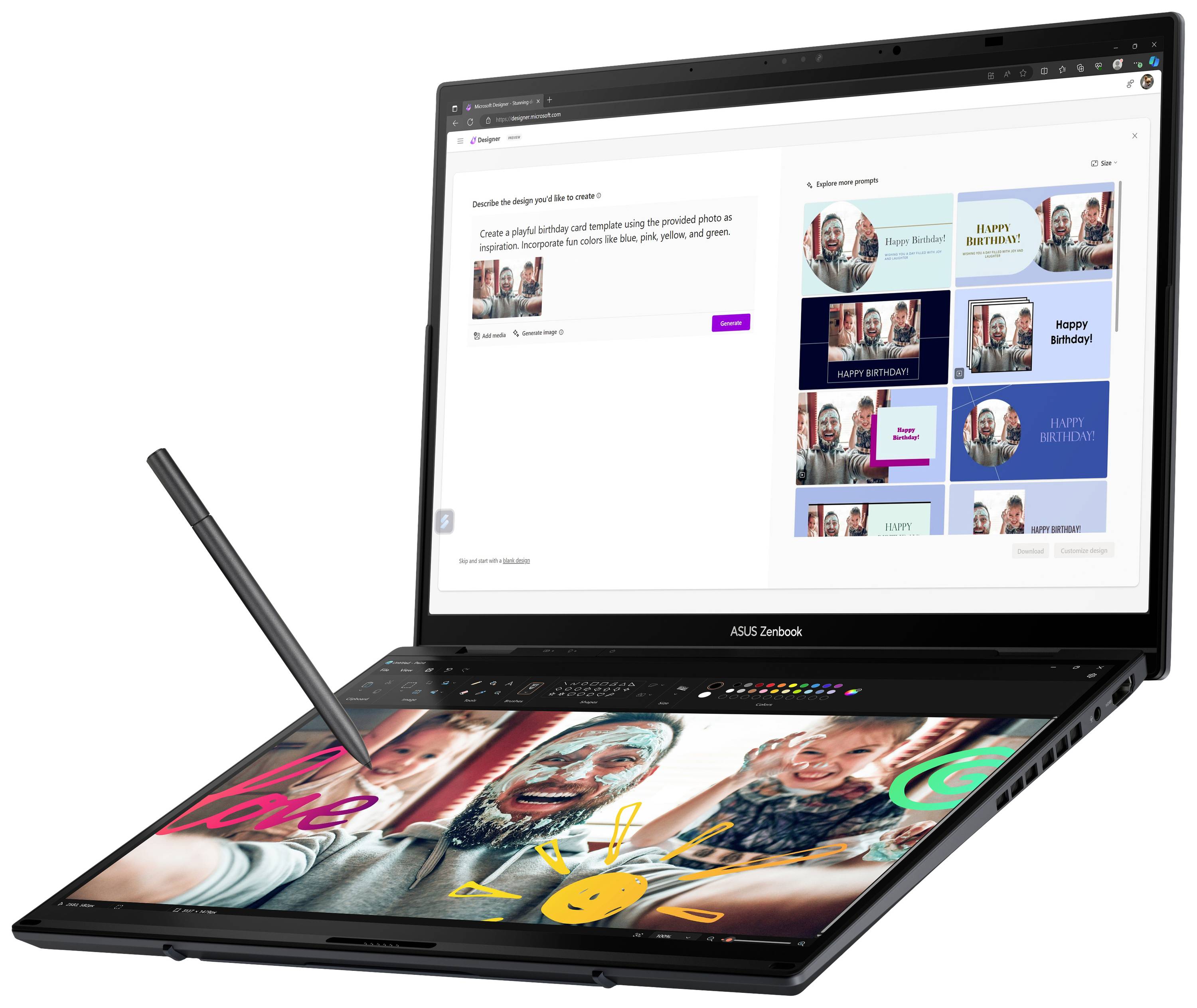 Ein Laptop mit zwei Bildschirmen, der obere zeigt eine Website mit Fotocollage-Optionen, der untere Bildschirm zeigt eine digitale Zeichnung.