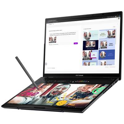 Ein Laptop mit zwei Bildschirmen, der obere zeigt eine Website mit Fotocollage-Optionen, der untere Bildschirm zeigt eine digitale Zeichnung.