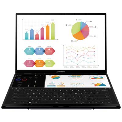 Ein Laptop mit Doppelbildschirm zeigt mehrere Diagramme: Balkendiagramm, Tortendiagramm, Liniendiagramm und Infografiken.
