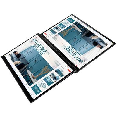 Zwei zusammengeklappte Laptops mit geteiltem Bildschirm zeigen eine Website mit blauer Inneneinrichtung. Beide Bildschirme hängen zusammen.