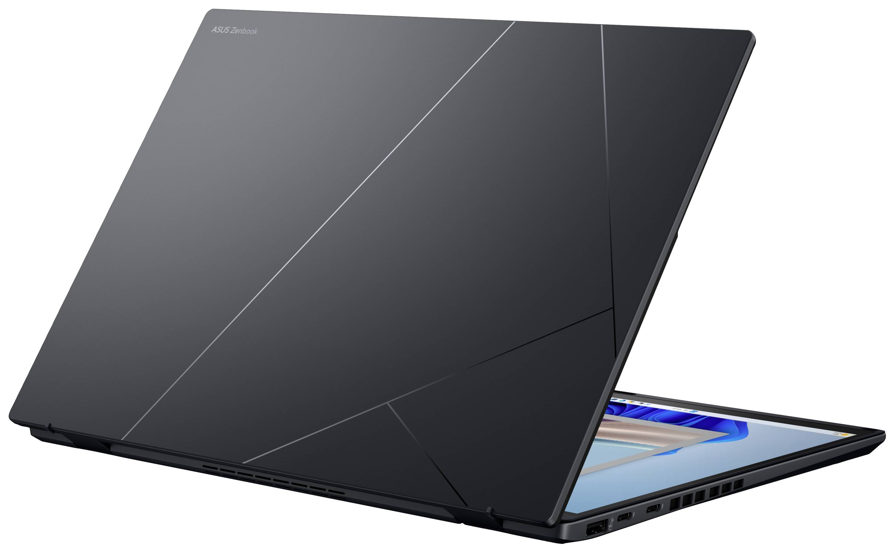 Ein schlanker, schwarzer Laptop mit geometrischen Mustern auf dem Deckel, geöffneter Bildschirm zeigt eine moderne Benutzeroberfläche.