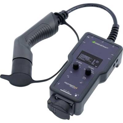 Handheld-Messgerät mit Display und Knöpfen, wird zur Messung elektrischer Sicherheit verwendet, schwarze farbe, gebogener Griff.
