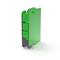 Grünes, rechteckiges Kunststoffgehäuse in 3D-Darstellung, zylindrisches Design, möglicherweise für elektronische Komponenten oder Industriemodule.