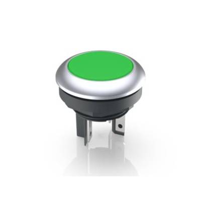 Runder grüner Knopf mit silbernem Rand und zwei darunterliegenden Anschlüssen, vermutlich für elektronische Geräte.