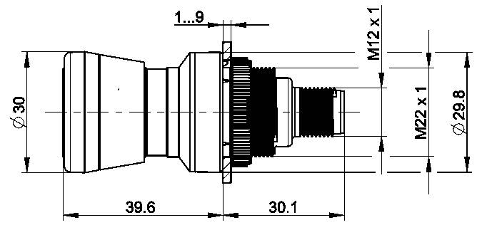 'Technische Zeichnung eines zylindrischen mechanischen Teils mit beschrifteten Abmessungen: Gesamtlänge 39,6 mm, Durchmesser 30 mm, Gewindegrößen M12 x 1 und M22 x 1.'