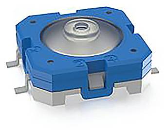 Blauer Kunststoff-Bauteil mit rundem, vertieftem Zentrum und Metallkontakten an den Seiten, vermutlich ein elektrotechnisches Element.