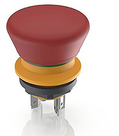 Roter Not-Aus-Schalter mit gelber Basis, er hebt sich deutlich ab. Verwendet für die schnelle Abschaltung von Maschinen aus Sicherheitsgründen.