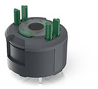 Ein schwarzes, zylindrisches elektronisches Bauteil mit grünen Pins an der Oberseite, auf weißem Hintergrund.