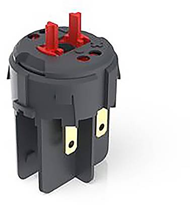 Ein schwarzer, zylindrischer elektrischer Schalter mit zwei roten Stiften und goldfarbenen Kontakten, für elektronische Geräte geeignet.