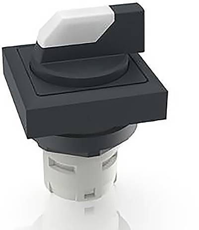 Ein quadratischer, schwarzer Drehschalter mit weißer Spitze auf einem zylindrischen, weißen Sockel.