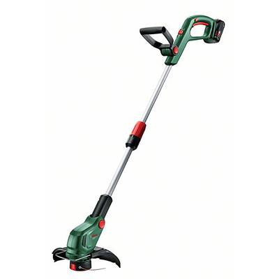 Ein kabelloser Rasentrimmer mit grünem Griff und schwarzem Schutzschild, ideal für das Schneiden von Gras an schwer erreichbaren Stellen.
