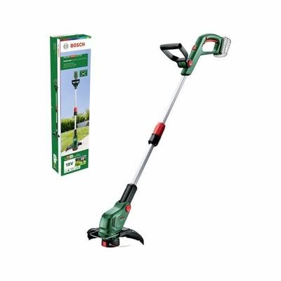 Ein grüner Akku-Rasentrimmer von Bosch mit ergonomischem Griff, verstellbarem Stab und Messerschutz; Verpackung zeigt Produktabbildung.