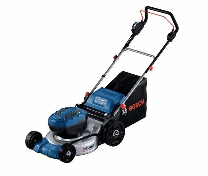 Ein blauer und schwarzer Rasenmäher mit Akku, klappbarem Griff und Fangkorb hinten, geeignet für den privaten Gebrauch im Garten.