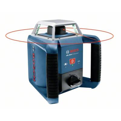 Ein blauer, professioneller Bosch Rotationslaser mit rotem Laserstrahl für präzises Nivellieren. Hauptschalter und Griff sichtbar.