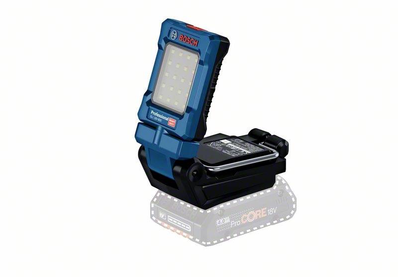 Akkubetriebene blaue Bosch LED-Leuchte, leicht geneigt, mit ergonomischem Griff und kompakter Bauweise, ohne sichtbares Bosch-Logo.
