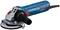 Eine blaue Bosch-Winkelschleifmaschine mit schwarzem Griff und Scheibe, geeignet für professionelle Schleifarbeiten.