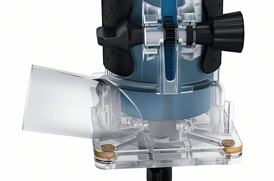 Ein blauer Fräsaufsatz mit transparentem Gehäuse und schwarzem Einstellrad, geeignet zum präzisen Schneiden von Holzmaterialien.