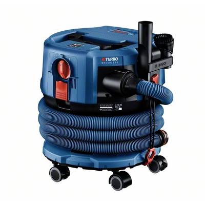 Ein blauer Industriestaubsauger mit roten Akzenten und Schlauch, auf Rollen stehend, geeignet für Baustellen oder Werkstätten.