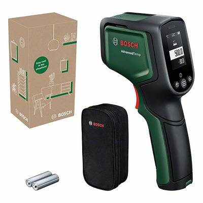 Bosch Infrarot-Thermometer 'AdvancedTemp' und Zubehör neben Verpackung. Misst Temperaturen bis 500 °C. Enthält Batterien und Tasche.