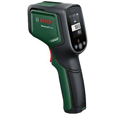 Ein Bosch Infrarot-Thermometer mit digitalem Display misst Temperaturen. Das Display zeigt '500.0' an.