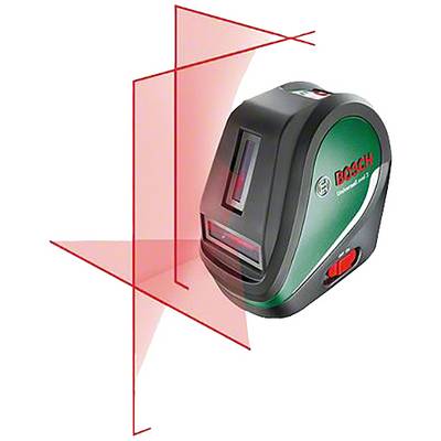 Ein grüner Laser-Entfernungsmesser projiziert rote Laserlinien. Gerät mit Bosch-Logo ist zur präzisen Ausrichtung in Bauprojekten gedacht.