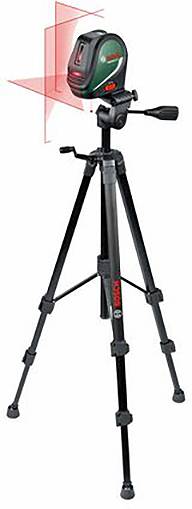 Ein Laser-Nivelliergerät auf einem Stativ, das rote horizontale und vertikale Laserstrahlen projiziert. Ideal für Bau- und Heimwerkerarbeiten.