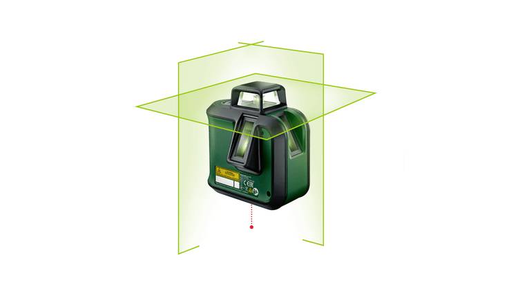 'Grünes Laser-Nivelliergerät zeigt horizontale und vertikale Linienprojektionen.'