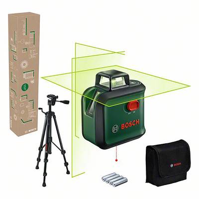 Ein Bosch-Laser-Nivelliergerät mit Tripod-Stativ und Zubehör. Gerät projiziert grüne Linien im Raum. Batterien und Tasche inklusive.