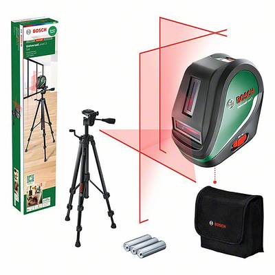 Bosch Laser-Wasserwaage-Set mit Stativ und Batterie, ideal zum Nivellieren und Ausrichten von Objekten in Heimwerkerprojekten.